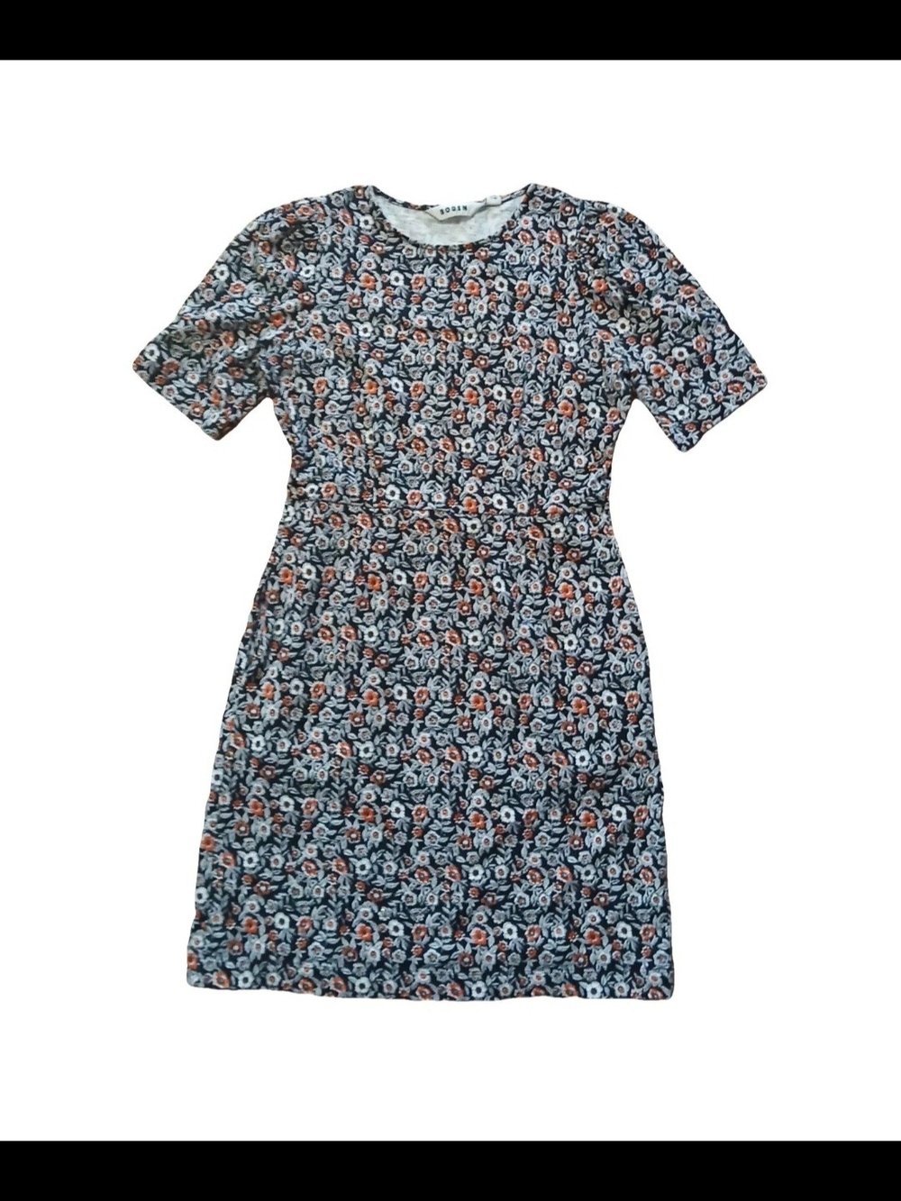 Boden Black Floral Knit Dress with Orange Accents